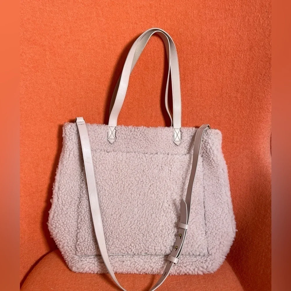 Madewell Transport M Shearling Leather Tote Pink Teddy Womens Zip Crossbody